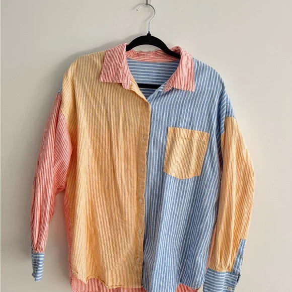 Stripe Multicolor Linen Button Down Shirt - Picture 2 of 6